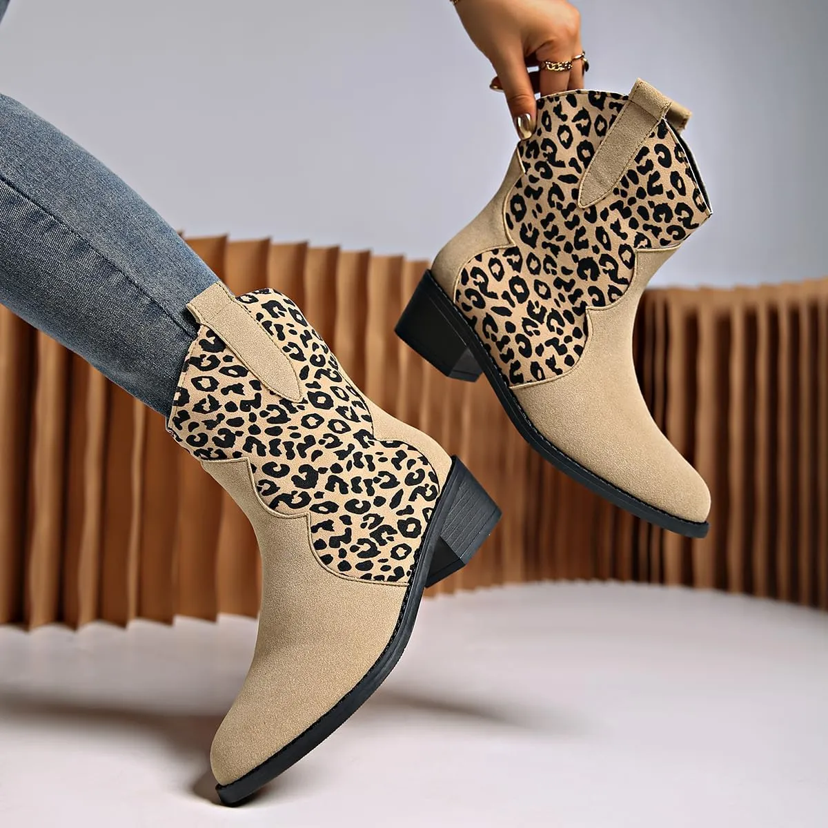 SACFOF Cowboy Boots for Women Booties Stitched Leopard Printed Ankle Cowgirl Short Western Boots
