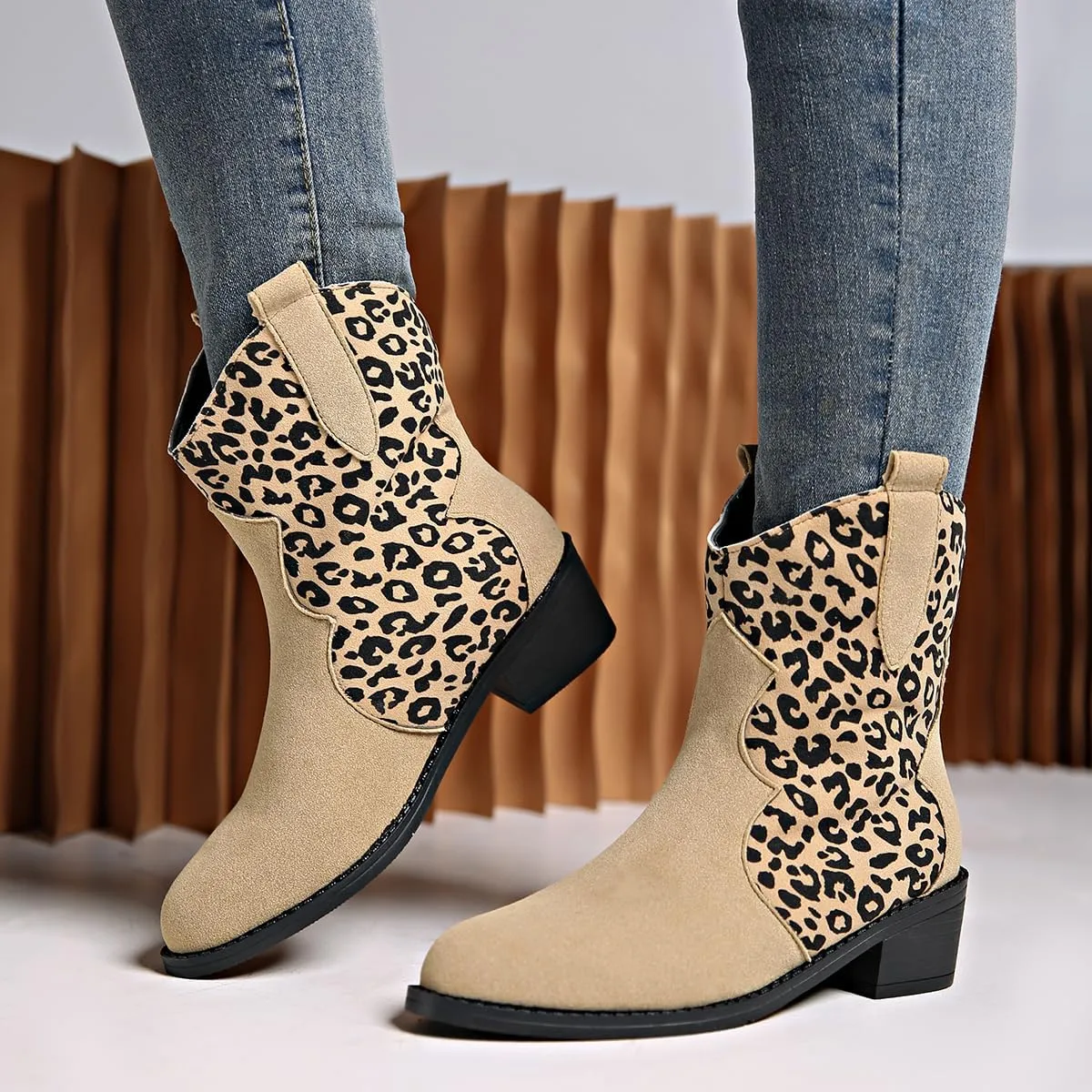 SACFOF Cowboy Boots for Women Booties Stitched Leopard Printed Ankle Cowgirl Short Western Boots