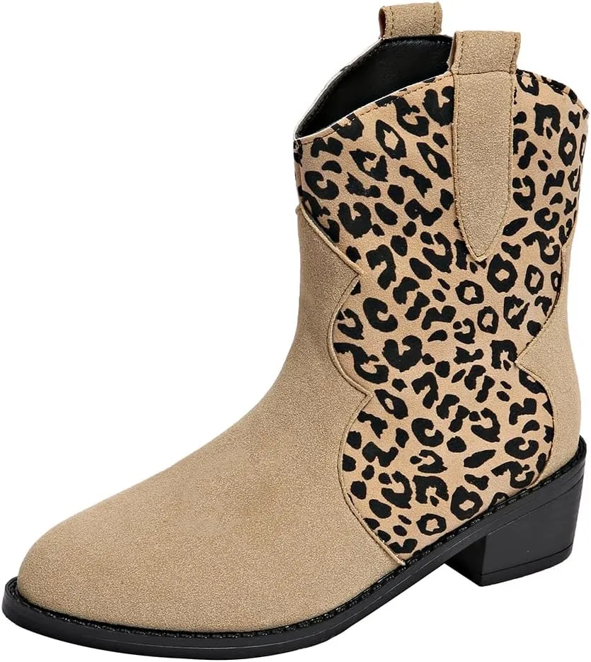 SACFOF Cowboy Boots for Women Booties Stitched Leopard Printed Ankle Cowgirl Short Western Boots