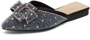 SAFECAMS Rhinestone Bow for Women Flat Mules Pointed Toe Backless Slip On Mules Ladies Comfort Soft Sole Flat Loafer
