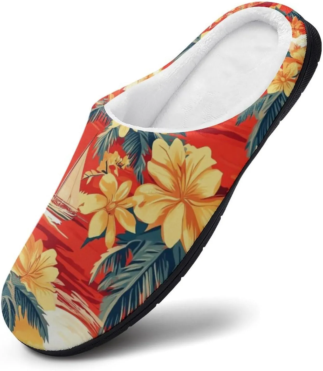Sailboat Tropical Plants Flowers Sunset Funny Mens Slippers Lightweight Warm House Shoes Indoor Outdoor