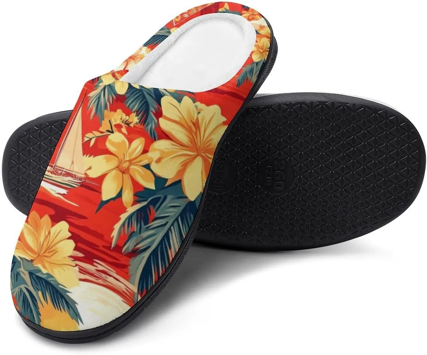 Sailboat Tropical Plants Flowers Sunset Funny Mens Slippers Lightweight Warm House Shoes Indoor Outdoor