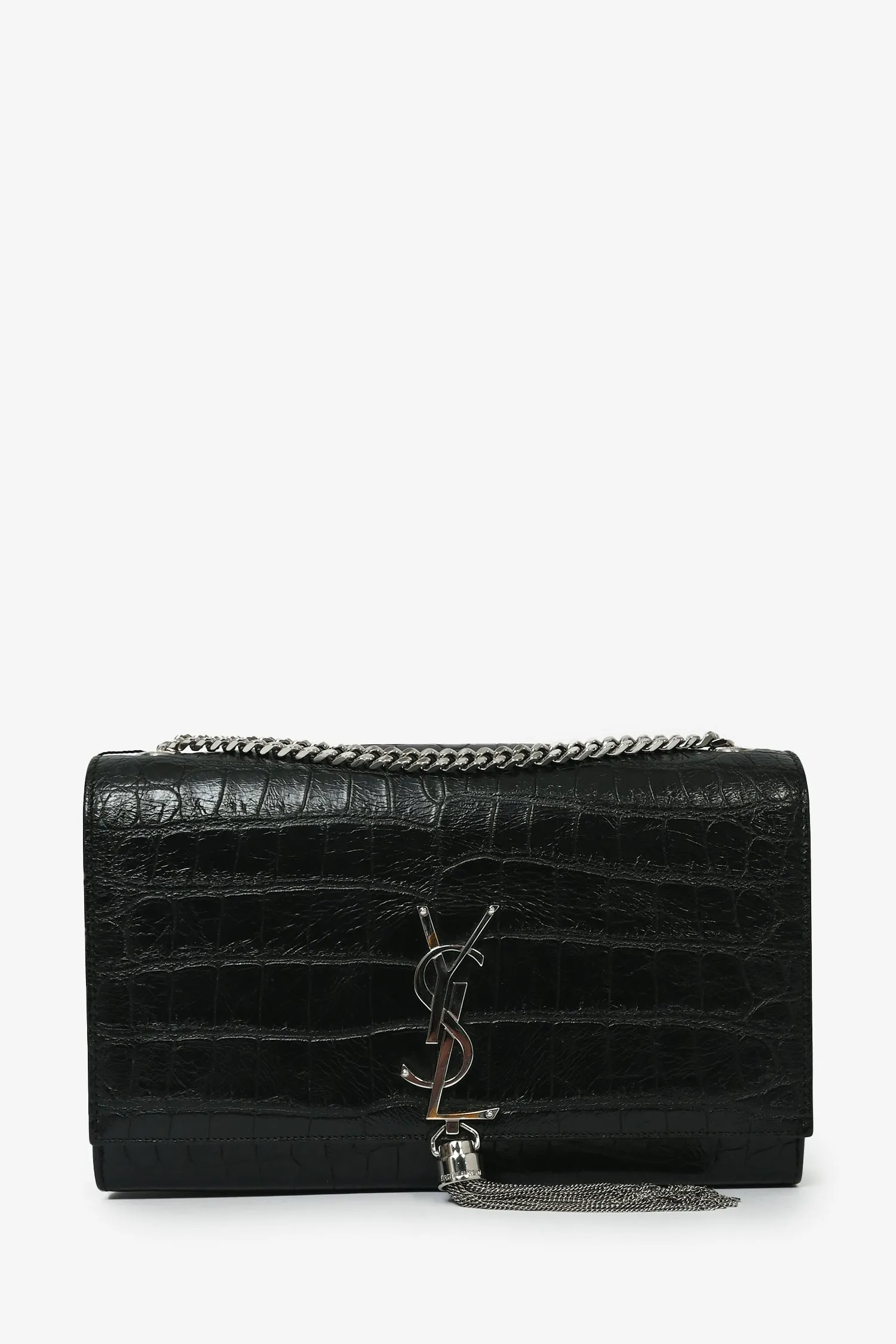 Saint Laurent 2015 Black Croc Embossed Medium Kate Crossbody