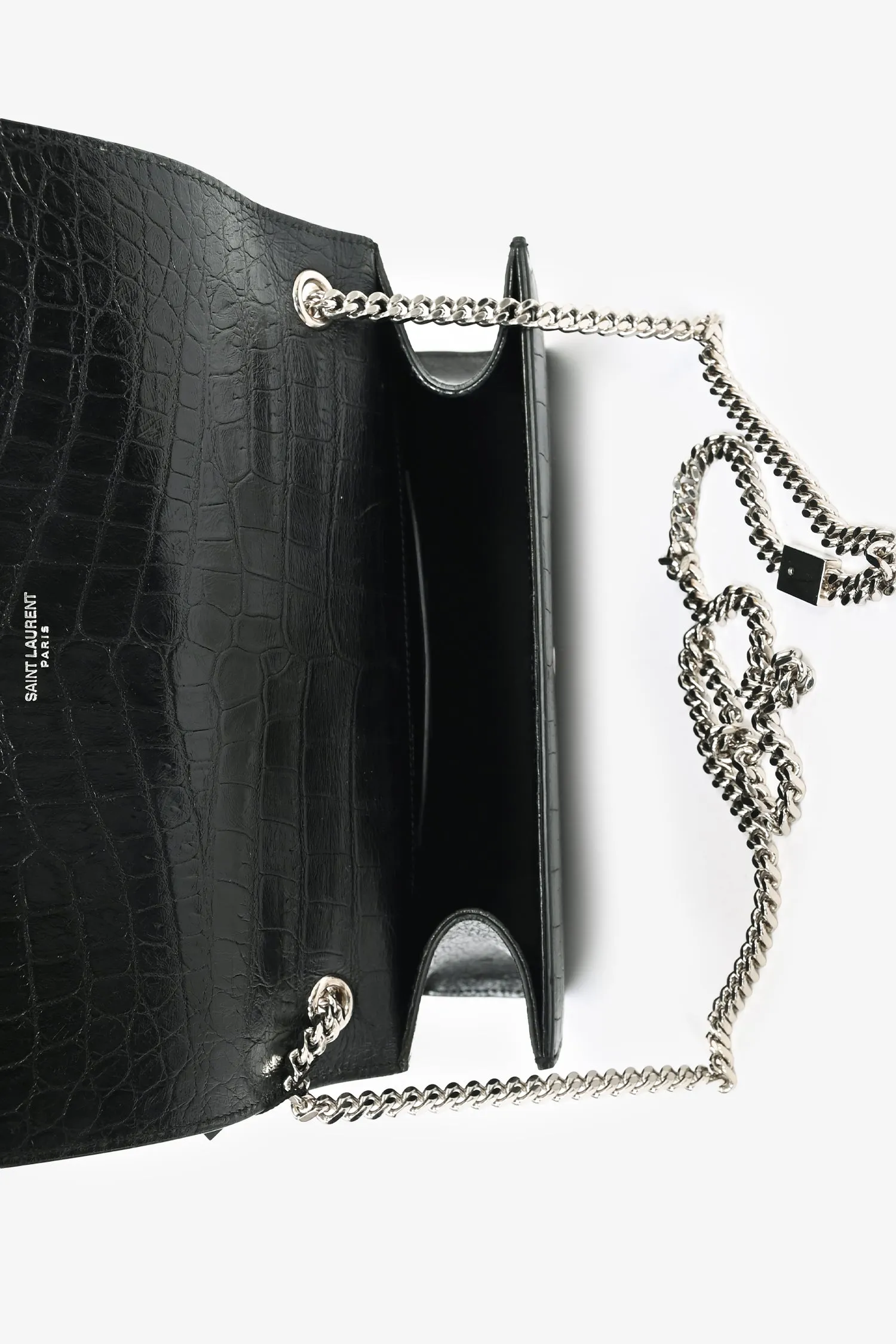 Saint Laurent 2015 Black Croc Embossed Medium Kate Crossbody