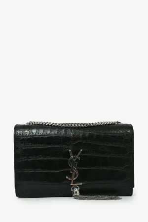 Saint Laurent 2015 Black Croc Embossed Medium Kate Crossbody
