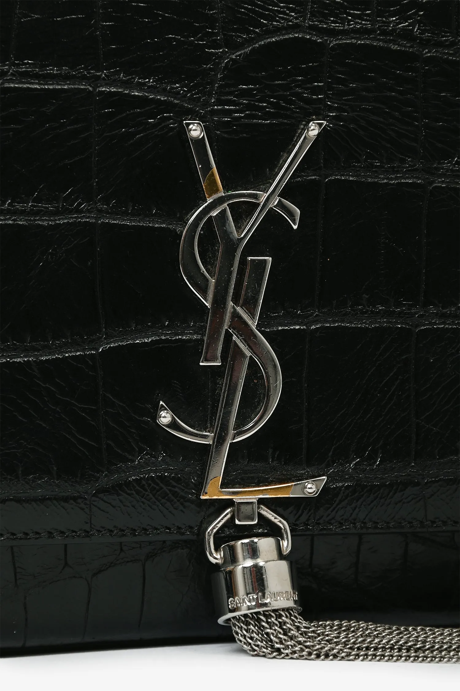 Saint Laurent 2015 Black Croc Embossed Medium Kate Crossbody