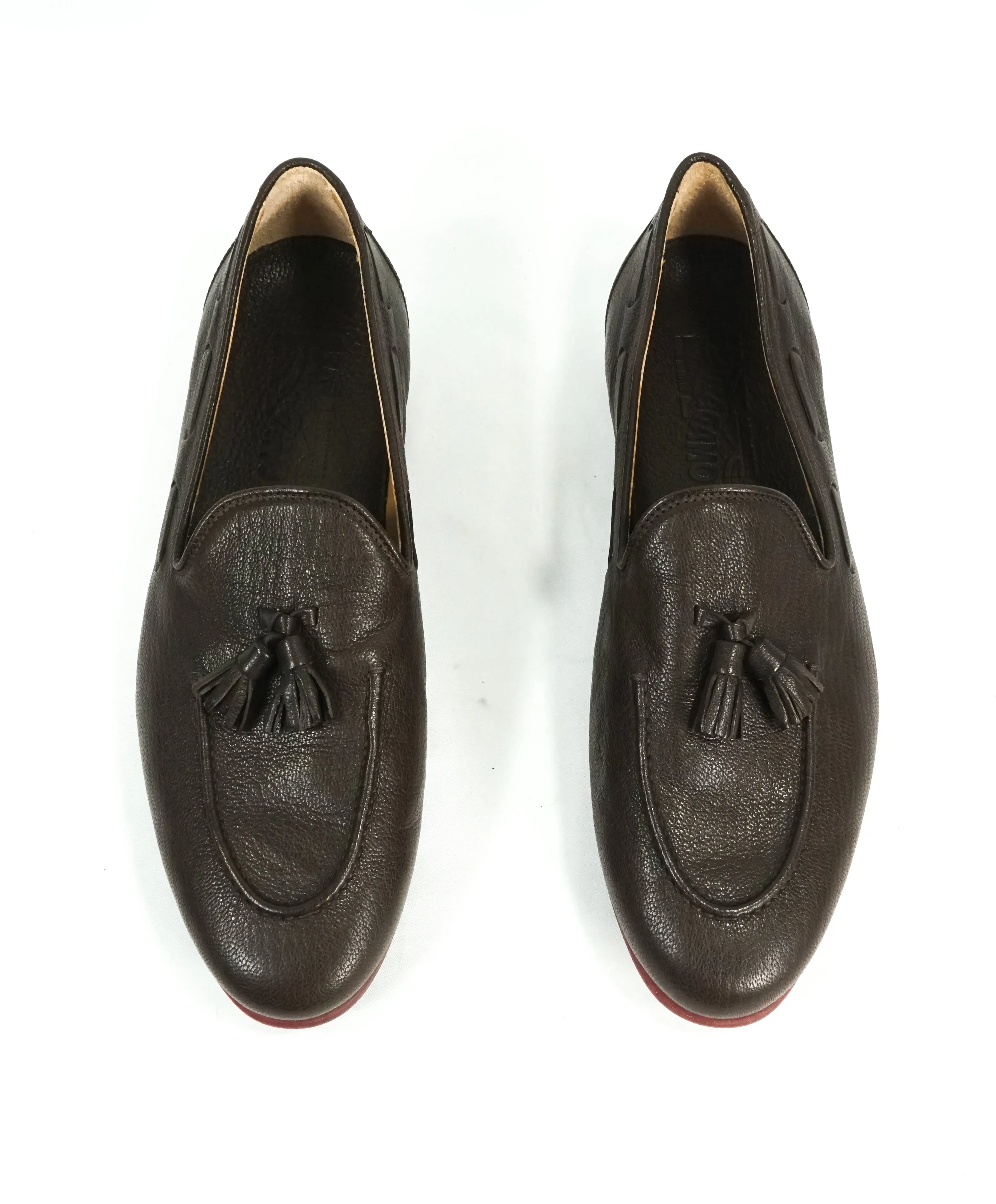 SALVATORE FERRAGAMO - Brown Contrast Sole Pebbled Leather Tassel Loafer - 8.5