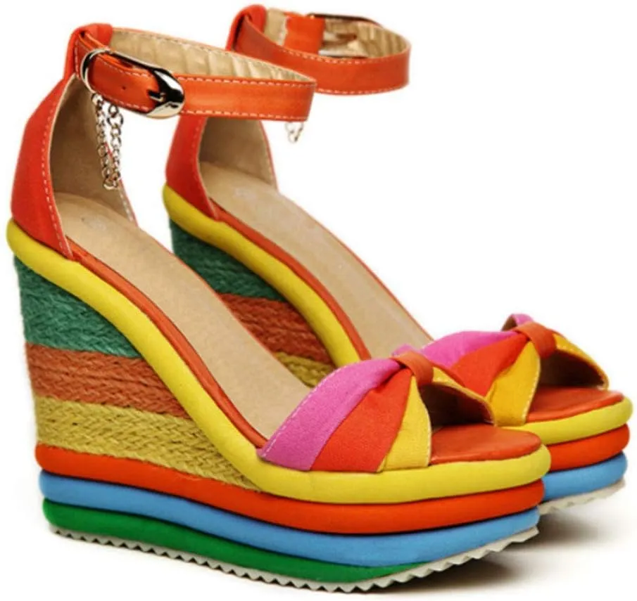 SaraIris Sandals for Women Gladiator Ankle Strap High Heel Platform Wedge Rainbow Sandals for Women