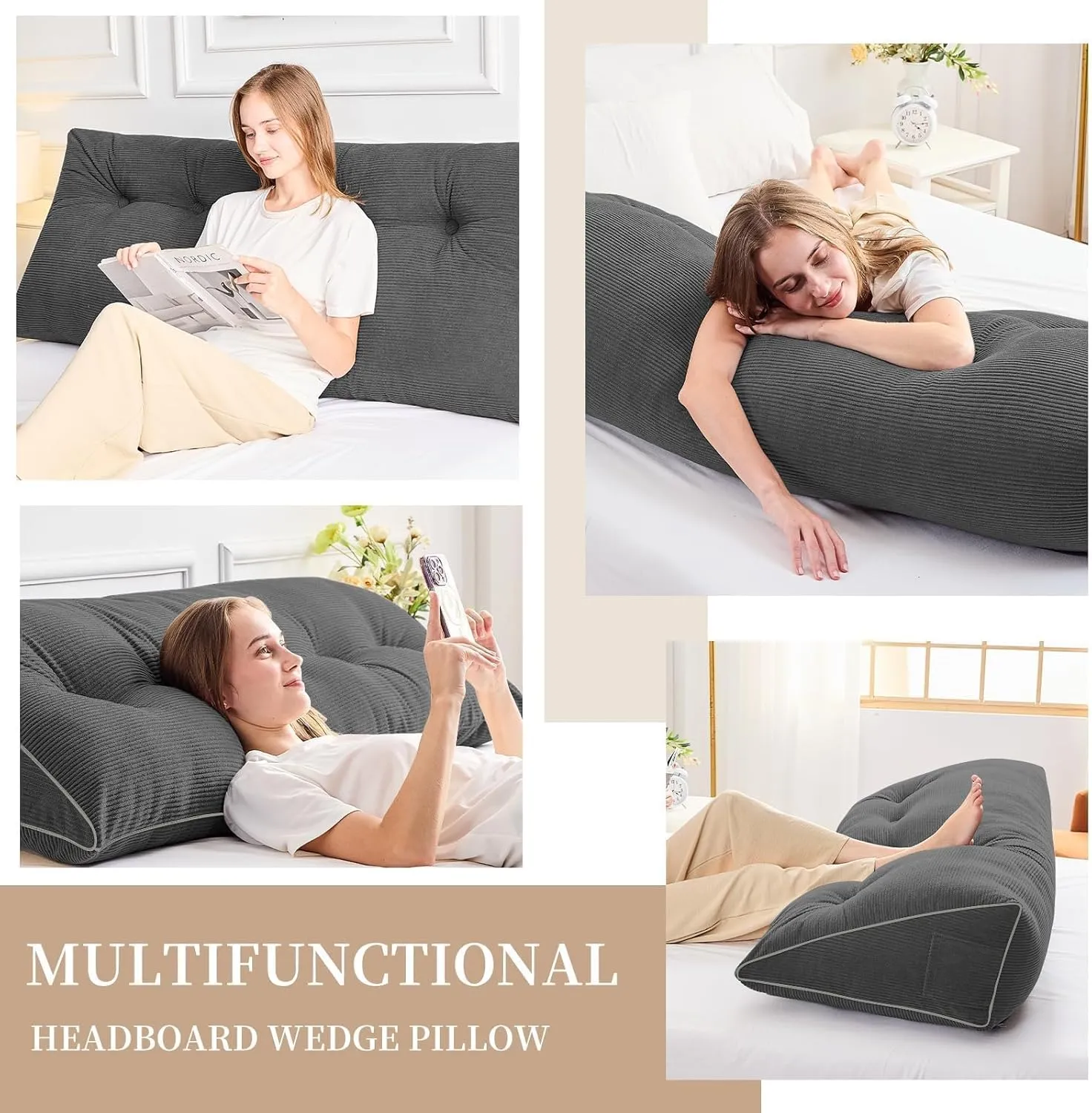 Sasttie Headboard Pillow Queen, Triangular Wedge Pillow Headboard, Wedge Headboard Pillow for Bed Sofa, Daybed Pillows for Sitting up, Reading or Working with Removable Cover, Dark Grey
