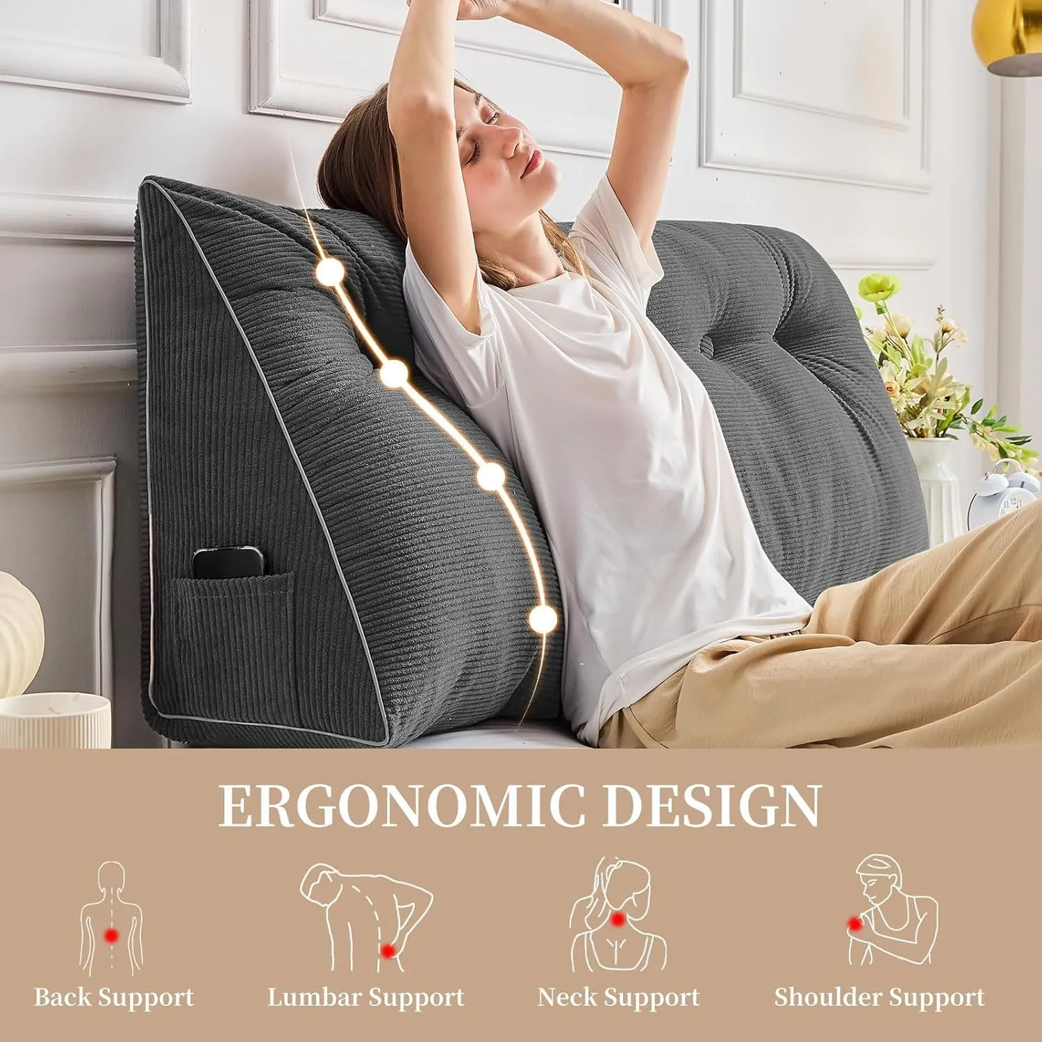 Sasttie Headboard Pillow Queen, Triangular Wedge Pillow Headboard, Wedge Headboard Pillow for Bed Sofa, Daybed Pillows for Sitting up, Reading or Working with Removable Cover, Dark Grey