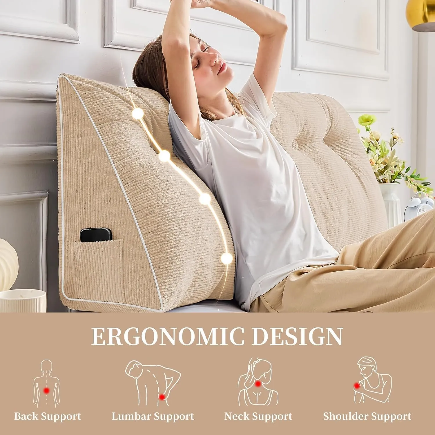 Sasttie Headboard Pillow Queen, Wedge Pillow Headboard for Sitting Up in Bed, Back-Rest Support Triangular Cushion for Reading - Features Removable Washable Cover, Beige