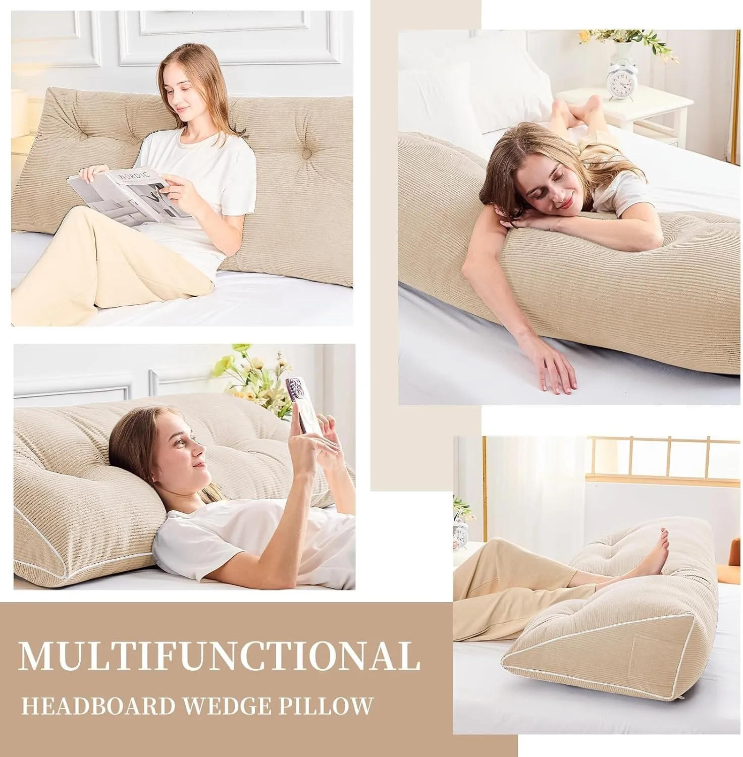 Sasttie Headboard Pillow Queen, Wedge Pillow Headboard for Sitting Up in Bed, Back-Rest Support Triangular Cushion for Reading - Features Removable Washable Cover, Beige