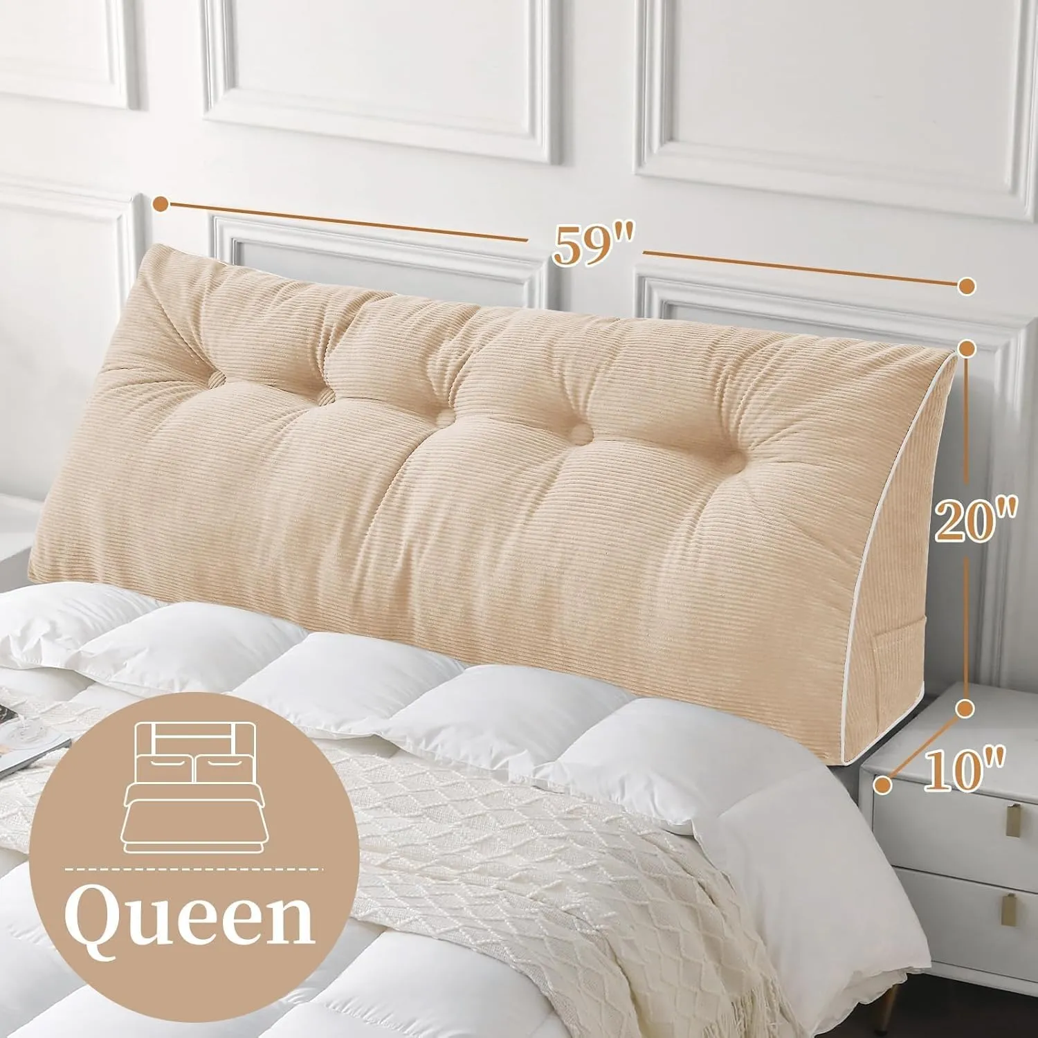 Sasttie Headboard Pillow Queen, Wedge Pillow Headboard for Sitting Up in Bed, Back-Rest Support Triangular Cushion for Reading - Features Removable Washable Cover, Beige