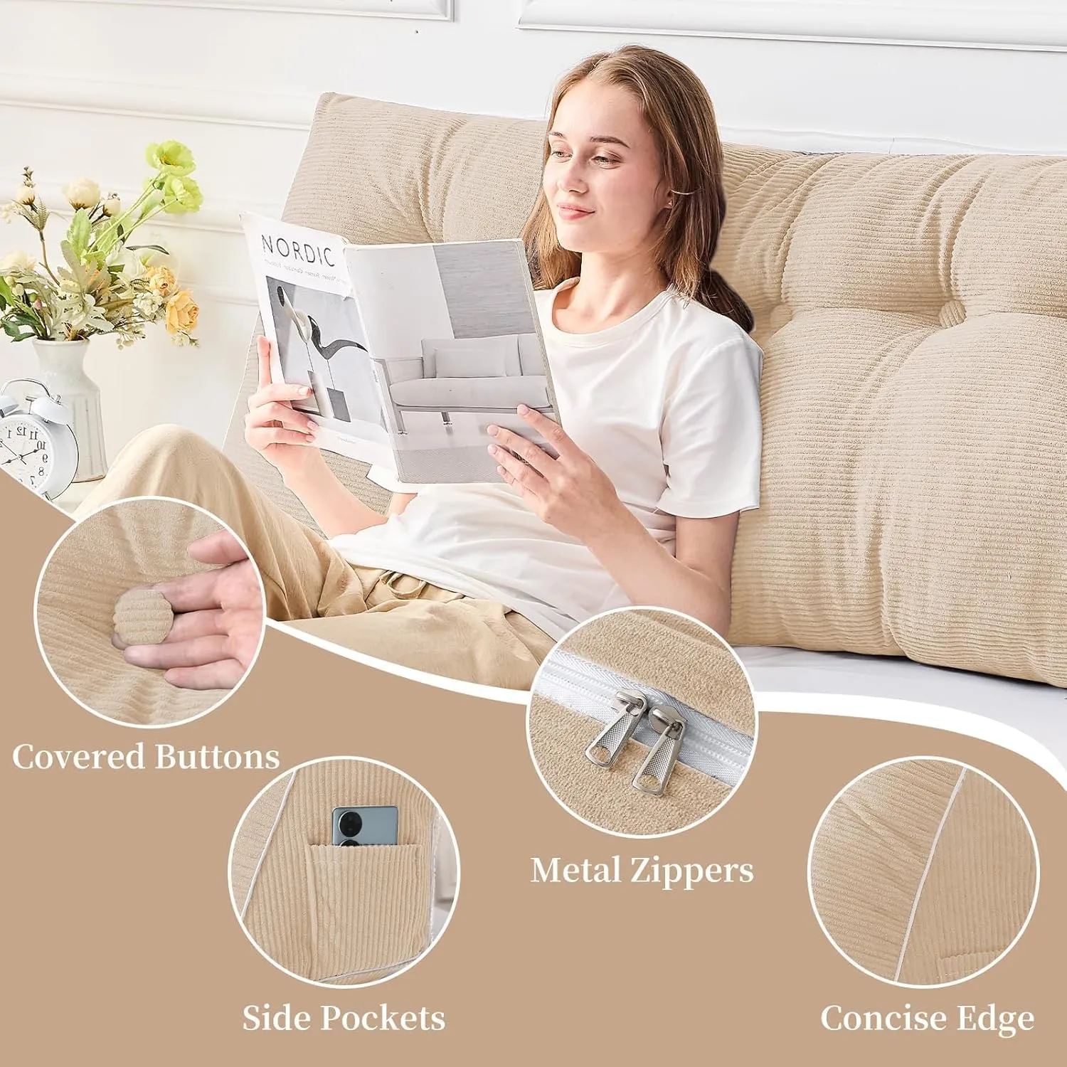 Sasttie Headboard Pillow Queen, Wedge Pillow Headboard for Sitting Up in Bed, Back-Rest Support Triangular Cushion for Reading - Features Removable Washable Cover, Beige