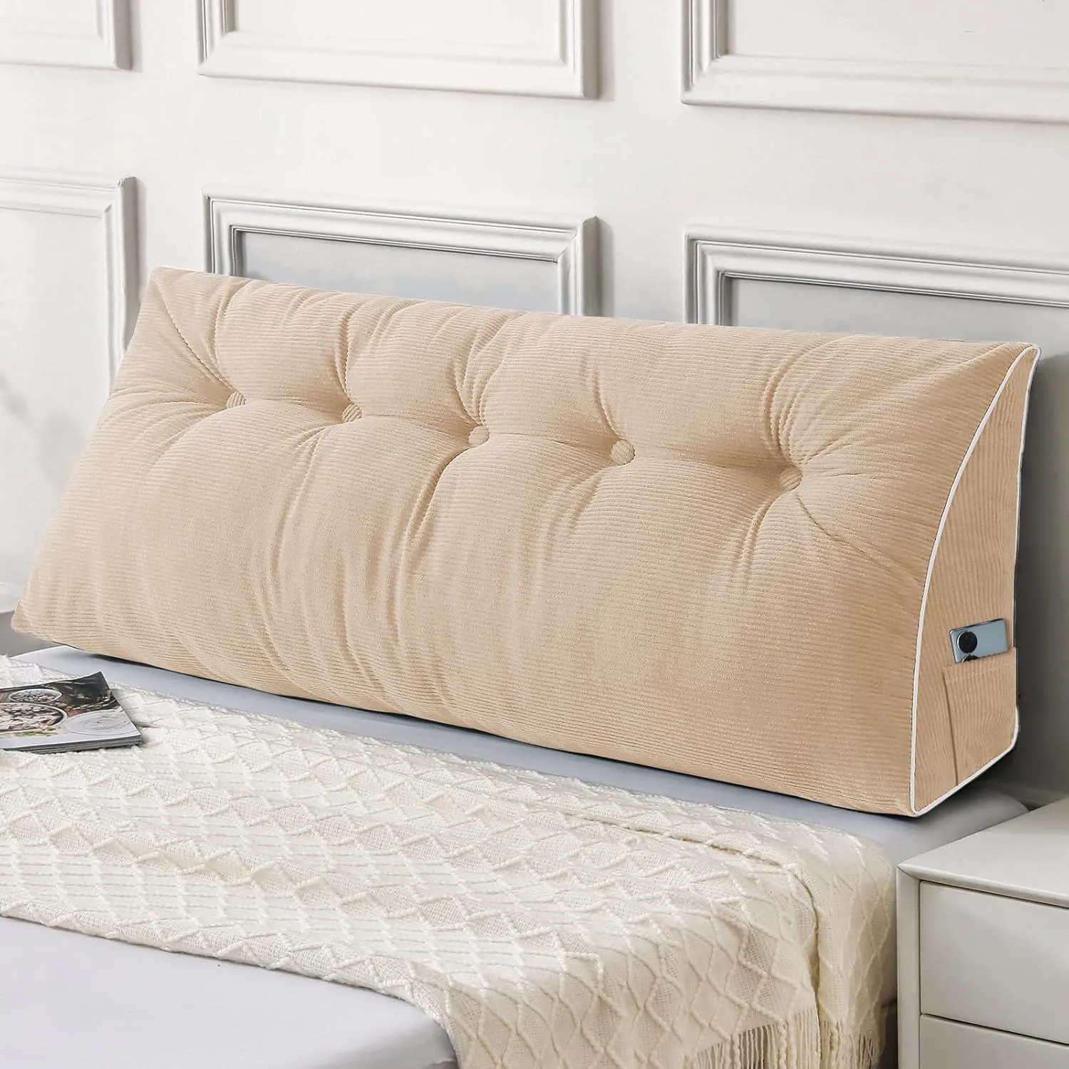 Sasttie Headboard Pillow Queen, Wedge Pillow Headboard for Sitting Up in Bed, Back-Rest Support Triangular Cushion for Reading - Features Removable Washable Cover, Beige