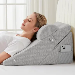 Sasttie Wedge Pillow for Headboard, Adjustable Bed Wedge Pillow Set with Orthopedic Memory Foam Neck Cushion – for Acid Reflux, Neck & Back Support, and Post-Surgery Recovery, Light Grey