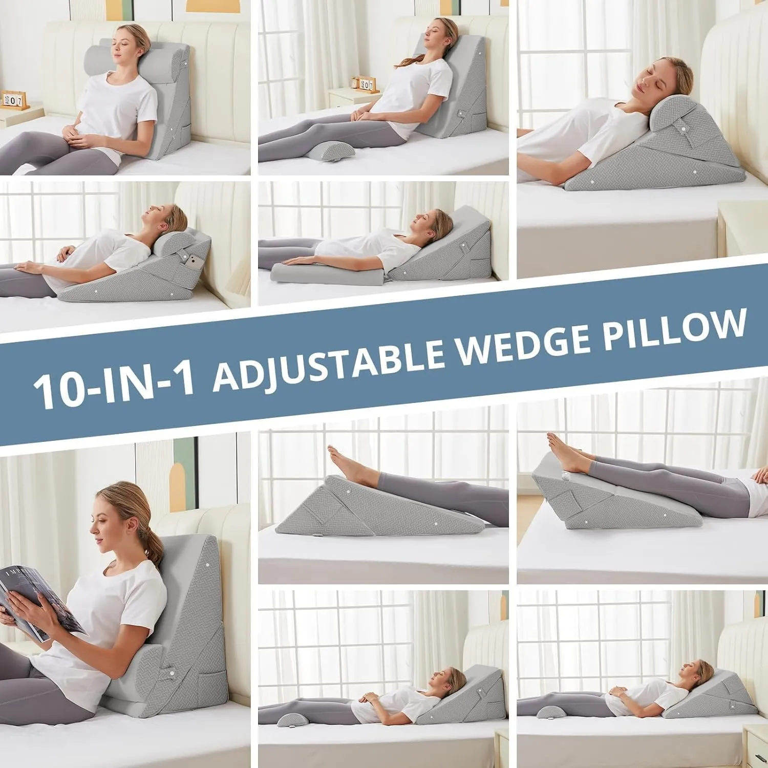 Sasttie Wedge Pillow for Headboard, Adjustable Bed Wedge Pillow Set with Orthopedic Memory Foam Neck Cushion – for Acid Reflux, Neck & Back Support, and Post-Surgery Recovery, Light Grey