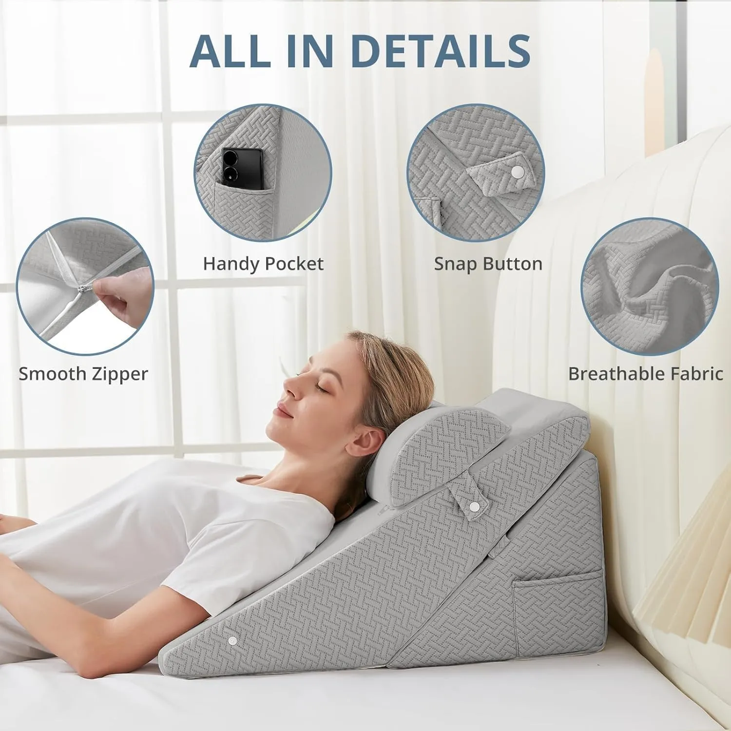 Sasttie Wedge Pillow for Headboard, Adjustable Bed Wedge Pillow Set with Orthopedic Memory Foam Neck Cushion – for Acid Reflux, Neck & Back Support, and Post-Surgery Recovery, Light Grey