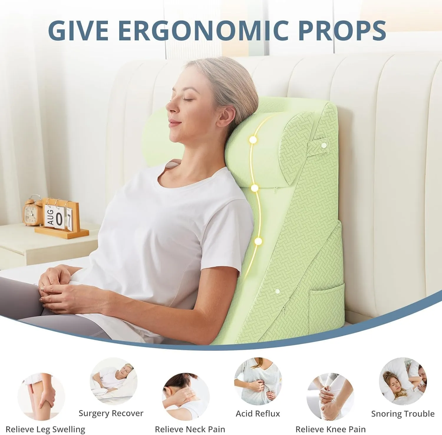 Sasttie Wedge Pillow for Headboard, Adjustable Bed Wedge Pillow Set with Orthopedic Memory Foam Neck Cushion – for Acid Reflux, Neck & Back Support, and Post-Surgery Recovery, Sage