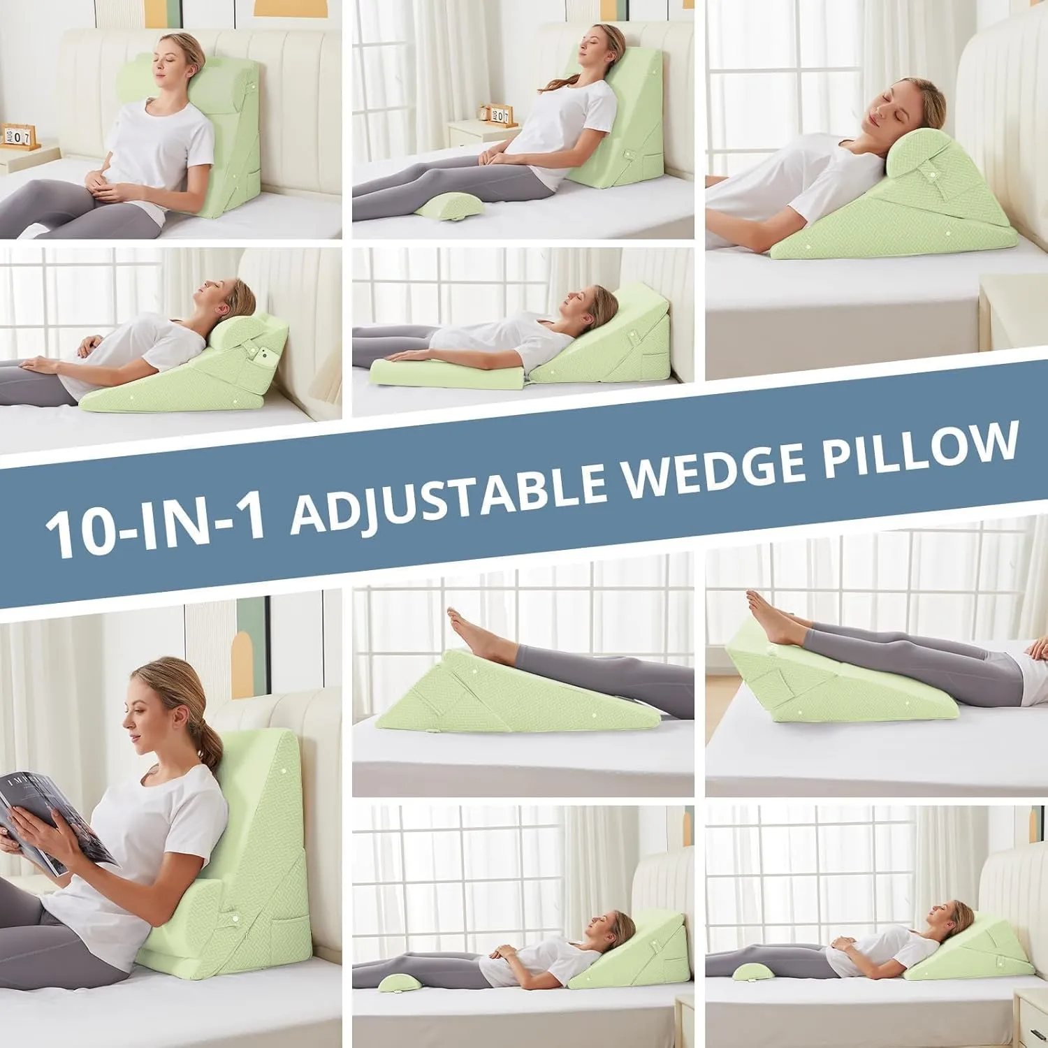 Sasttie Wedge Pillow for Headboard, Adjustable Bed Wedge Pillow Set with Orthopedic Memory Foam Neck Cushion – for Acid Reflux, Neck & Back Support, and Post-Surgery Recovery, Sage