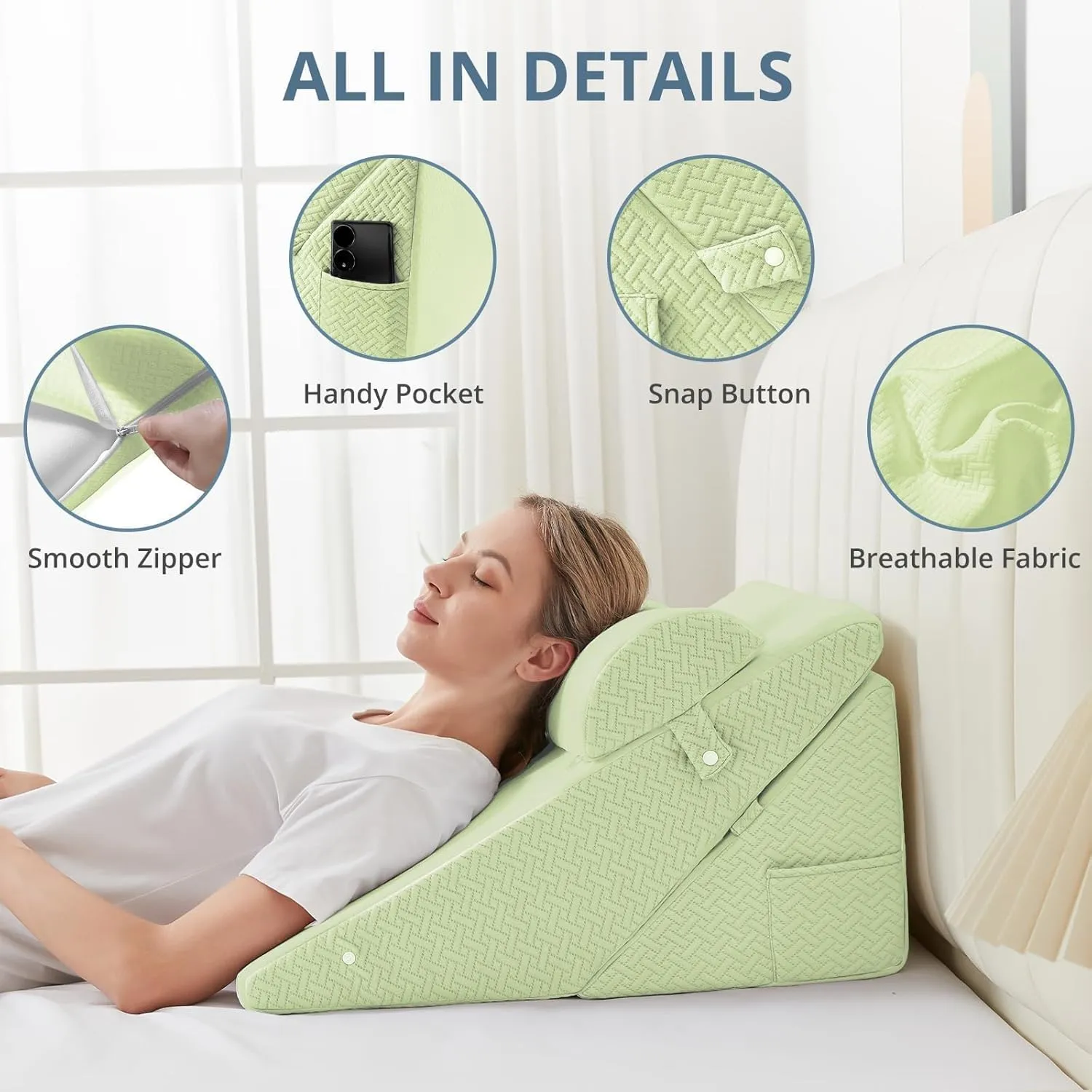Sasttie Wedge Pillow for Headboard, Adjustable Bed Wedge Pillow Set with Orthopedic Memory Foam Neck Cushion – for Acid Reflux, Neck & Back Support, and Post-Surgery Recovery, Sage