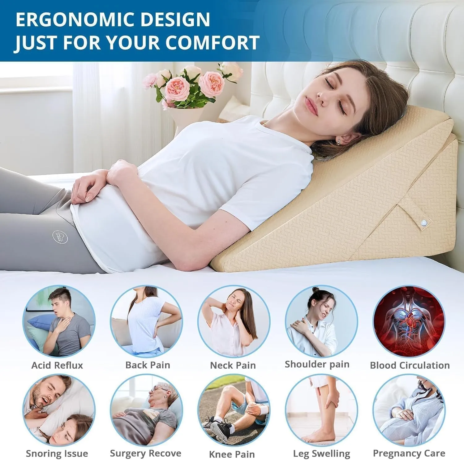 Sasttie Wedge Pillow Headboard, Adjustable Bed Wedge Pillow for After Surgery, Sleeping, Acid Reflux, Neck Pain, Back Pain, and Surgery Recovery, Beige