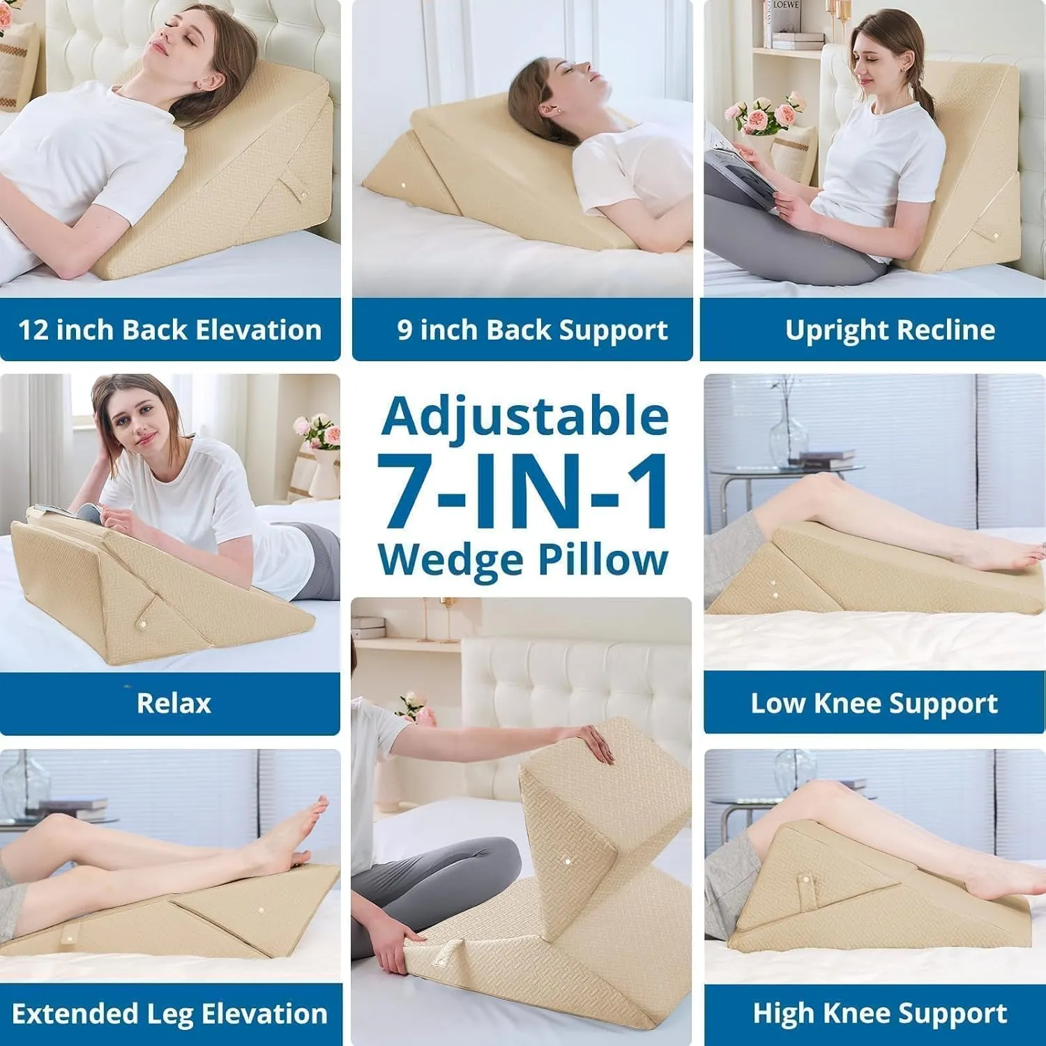 Sasttie Wedge Pillow Headboard, Adjustable Bed Wedge Pillow for After Surgery, Sleeping, Acid Reflux, Neck Pain, Back Pain, and Surgery Recovery, Beige
