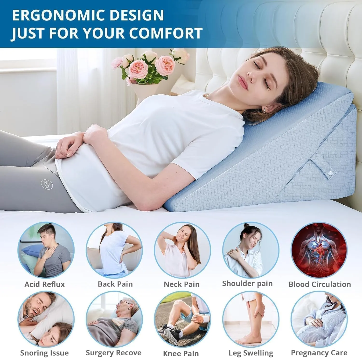 Sasttie Wedge Pillow Headboard, Adjustable Bed Wedge Pillow for After Surgery, Sleeping, Acid Reflux, Neck Pain, Back Pain, and Surgery Recovery, Blue