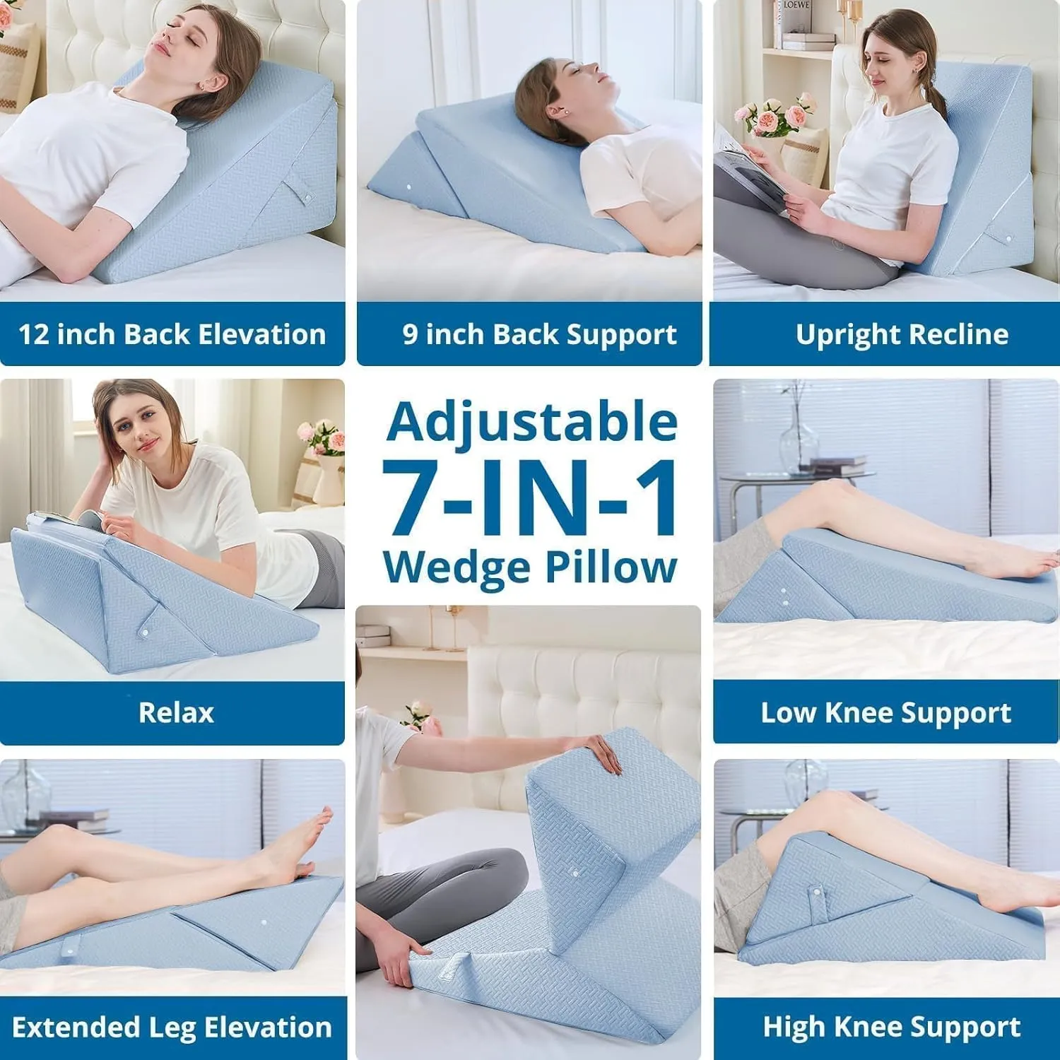 Sasttie Wedge Pillow Headboard, Adjustable Bed Wedge Pillow for After Surgery, Sleeping, Acid Reflux, Neck Pain, Back Pain, and Surgery Recovery, Blue