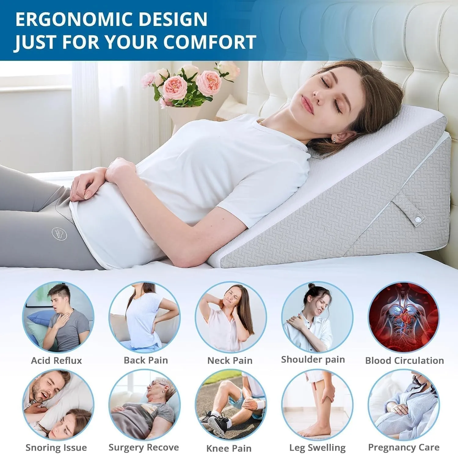 Sasttie Wedge Pillow Headboard, Adjustable Bed Wedge Pillow for After Surgery, Sleeping, Acid Reflux, Neck Pain, Back Pain, and Surgery Recovery, Light Grey & White