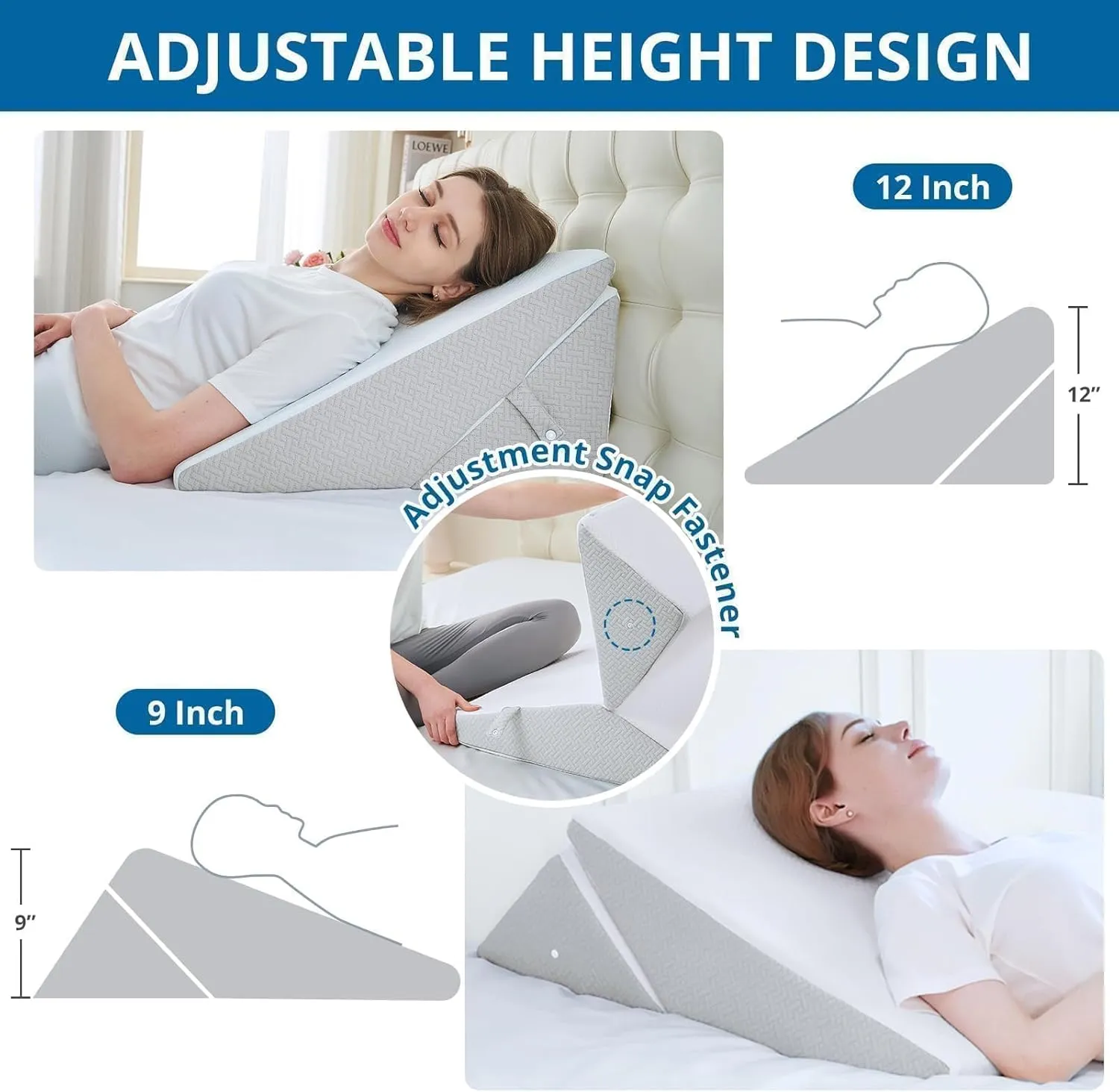 Sasttie Wedge Pillow Headboard, Adjustable Bed Wedge Pillow for After Surgery, Sleeping, Acid Reflux, Neck Pain, Back Pain, and Surgery Recovery, Light Grey & White