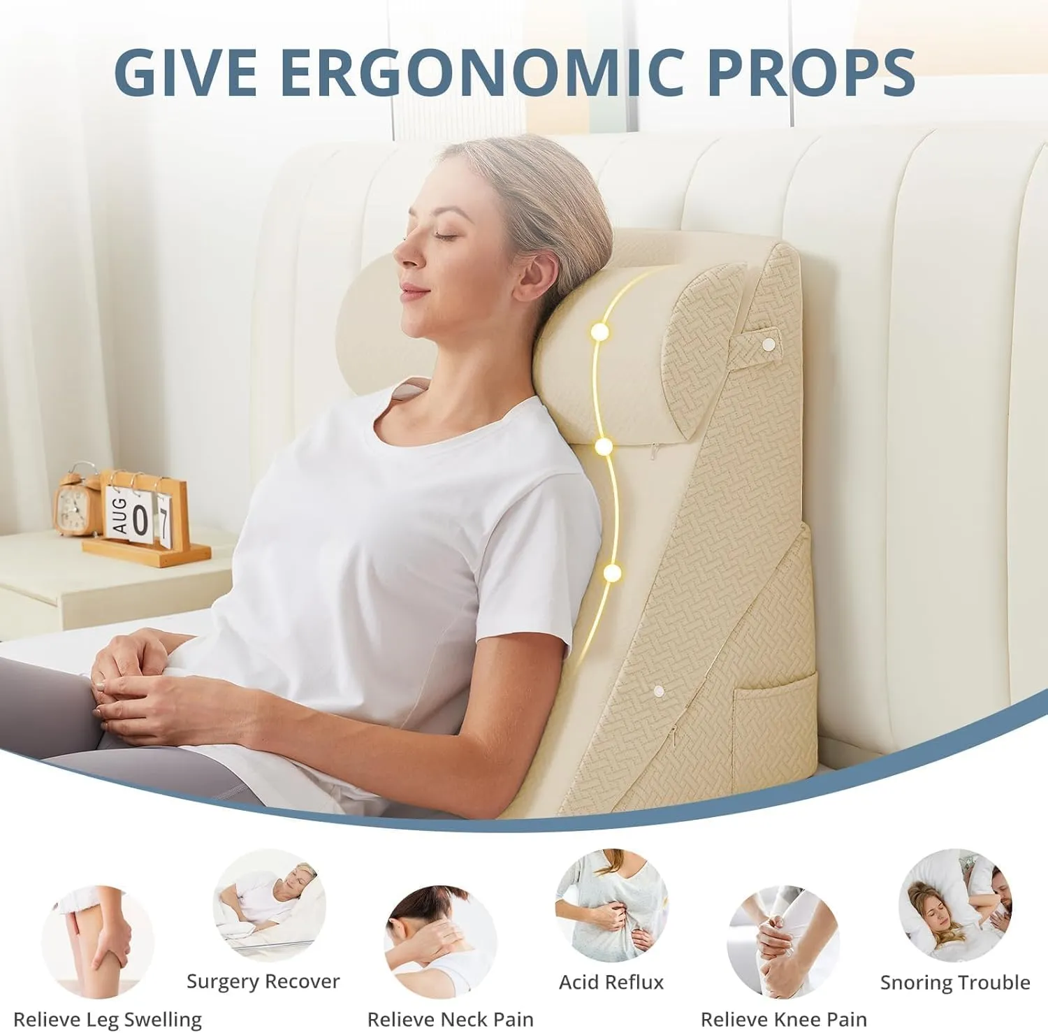 Sasttie Wedge Pillow Set for After Surgery, Adjustable Bed Wedge Pillow Headboard with Orthopedic Memory Foam Neck Cushion – for Acid Reflux, Sleeping, Neck & Back Support, Beige