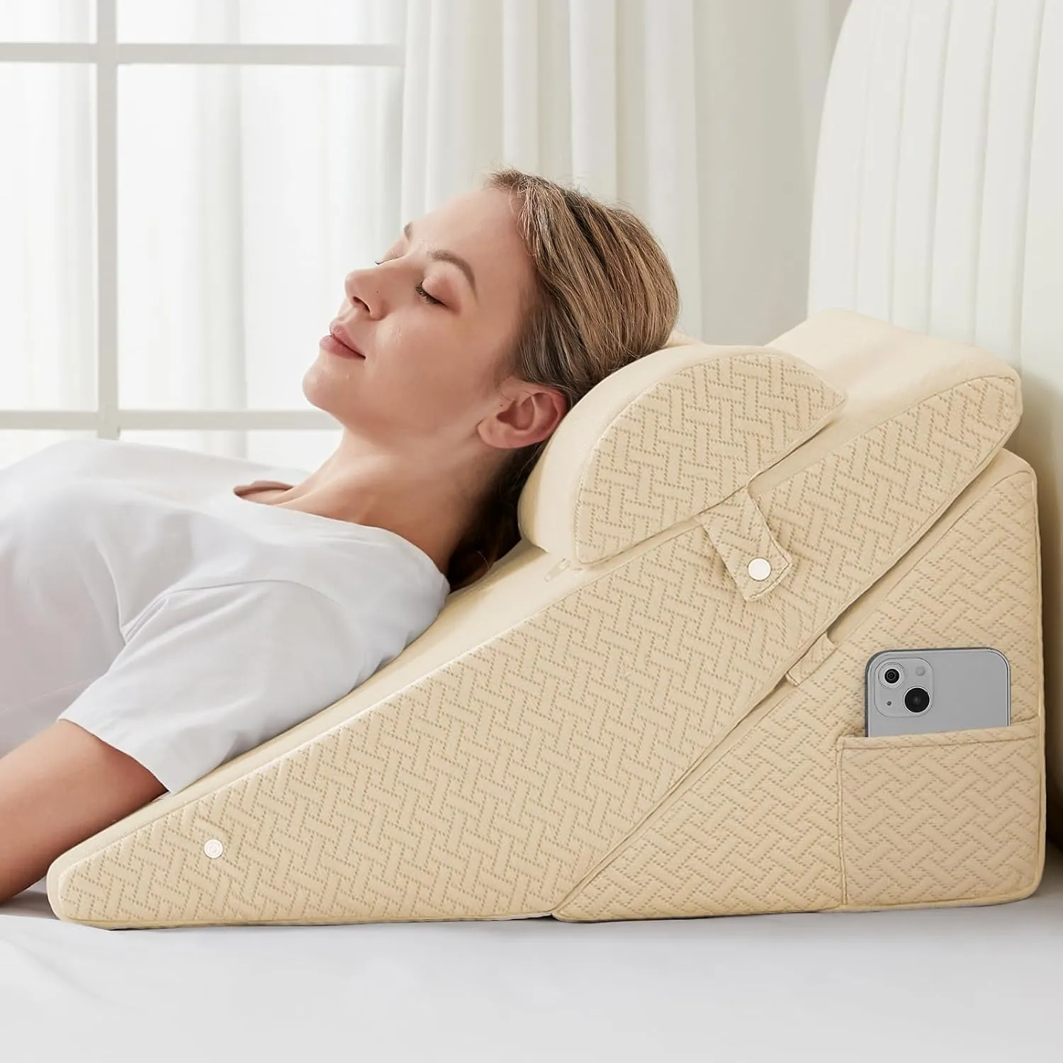 Sasttie Wedge Pillow Set for After Surgery, Adjustable Bed Wedge Pillow Headboard with Orthopedic Memory Foam Neck Cushion – for Acid Reflux, Sleeping, Neck & Back Support, Beige
