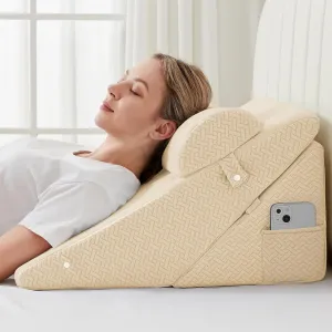 Sasttie Wedge Pillow Set for After Surgery, Adjustable Bed Wedge Pillow Headboard with Orthopedic Memory Foam Neck Cushion – for Acid Reflux, Sleeping, Neck & Back Support, Beige