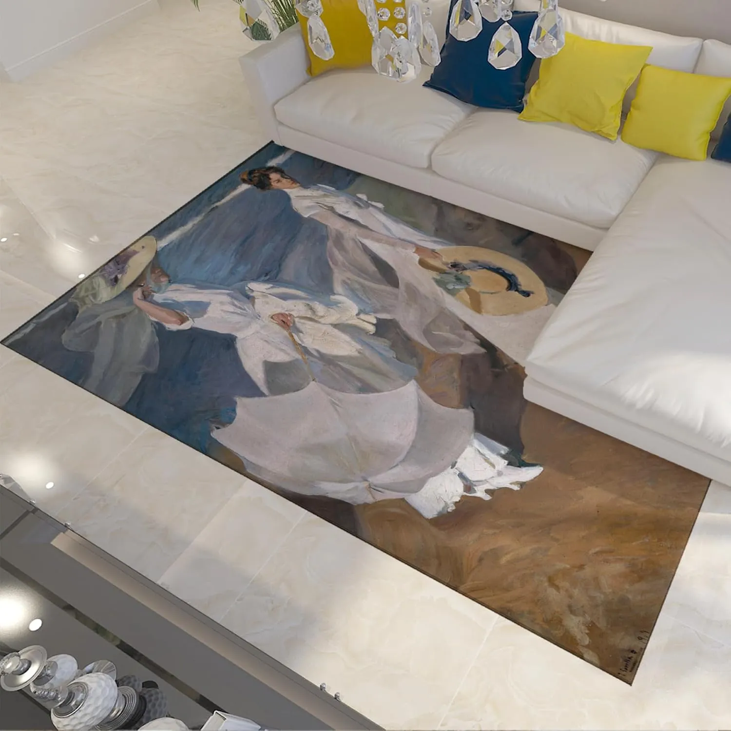 Seaside Stroll Area Rugs 2'x4' Women Walking on The Beach Pattern Washable Rug Modern Dreamlike Non-Slip Mat for Home Decor