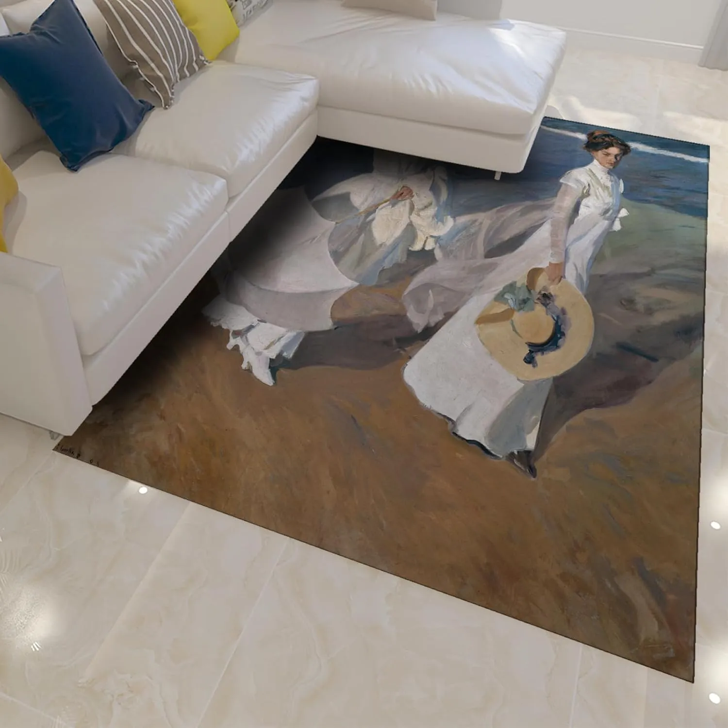 Seaside Stroll Area Rugs 2'x4' Women Walking on The Beach Pattern Washable Rug Modern Dreamlike Non-Slip Mat for Home Decor