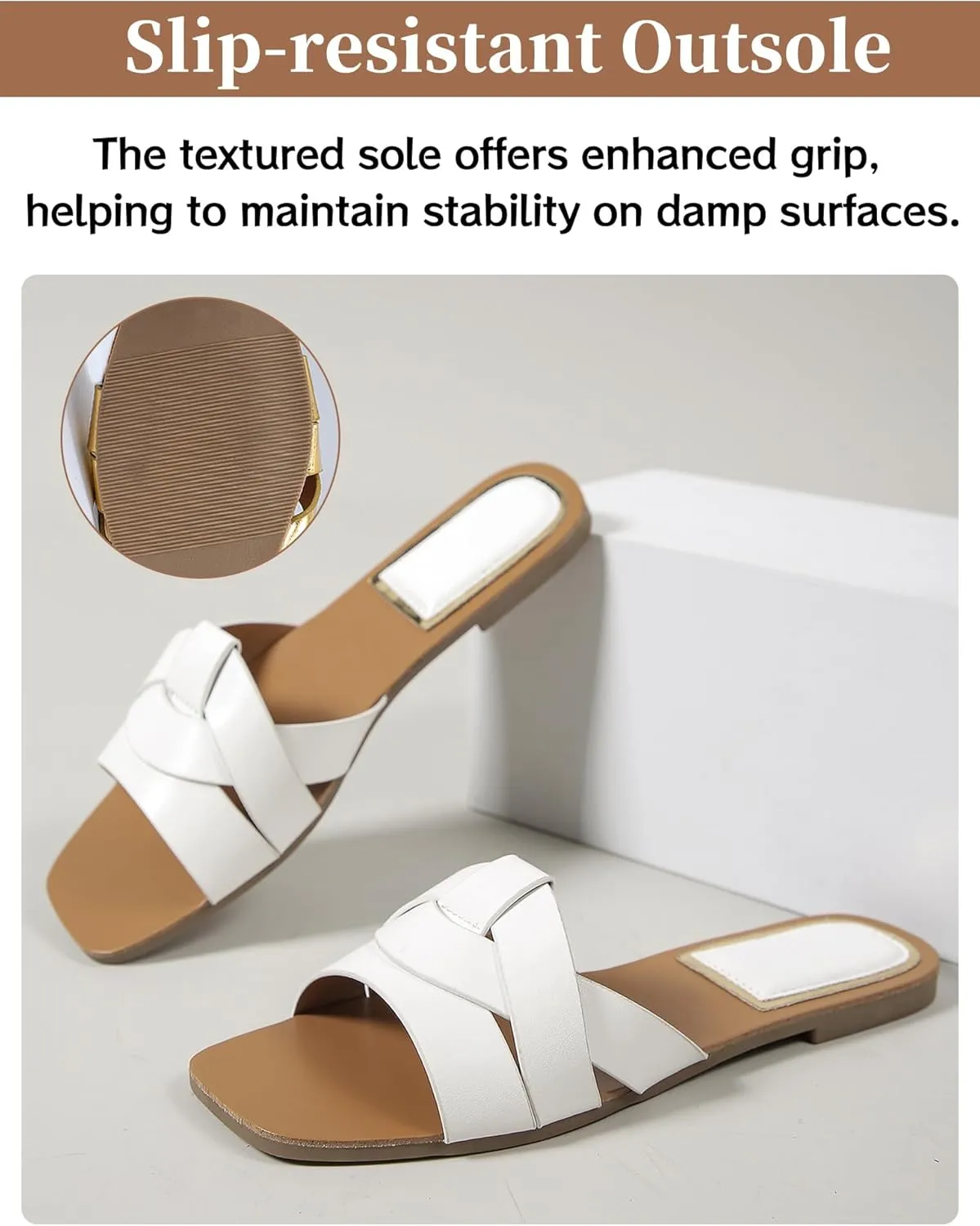 SEAUR Women's Slide Sandals Dressy Summer Flats Square Open Toe Fashion Slides Ladies Casual Vacation Soft Leather Slippers