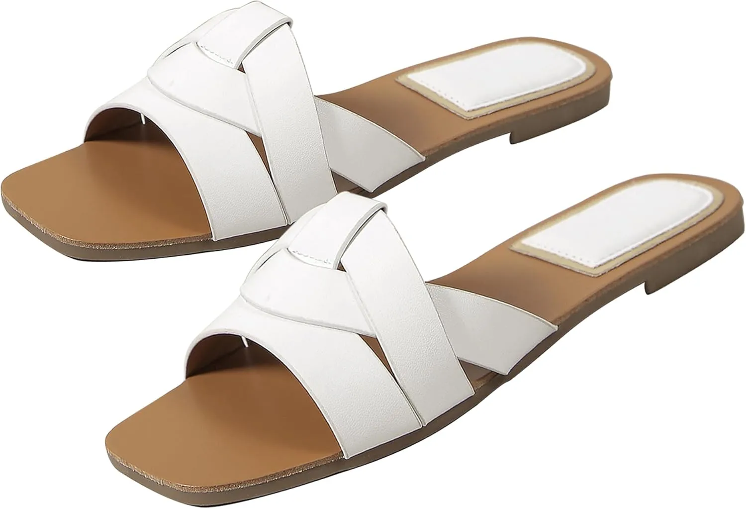 SEAUR Women's Slide Sandals Dressy Summer Flats Square Open Toe Fashion Slides Ladies Casual Vacation Soft Leather Slippers