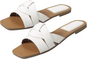 SEAUR Women's Slide Sandals Dressy Summer Flats Square Open Toe Fashion Slides Ladies Casual Vacation Soft Leather Slippers