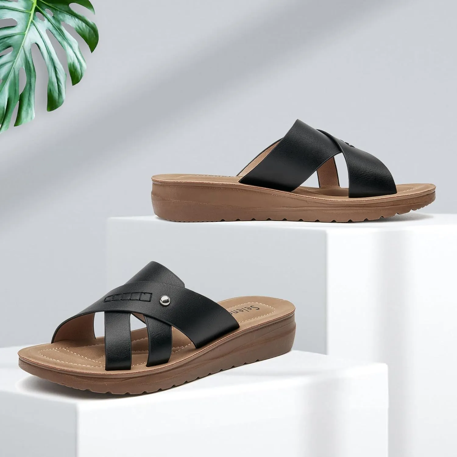 SelenePair Women's Flat Slide Sandals Slip On Low Wedge Platform Sandals Lightweight Summer Beach Straps Comfort Open Toe Walking Dressy Slides