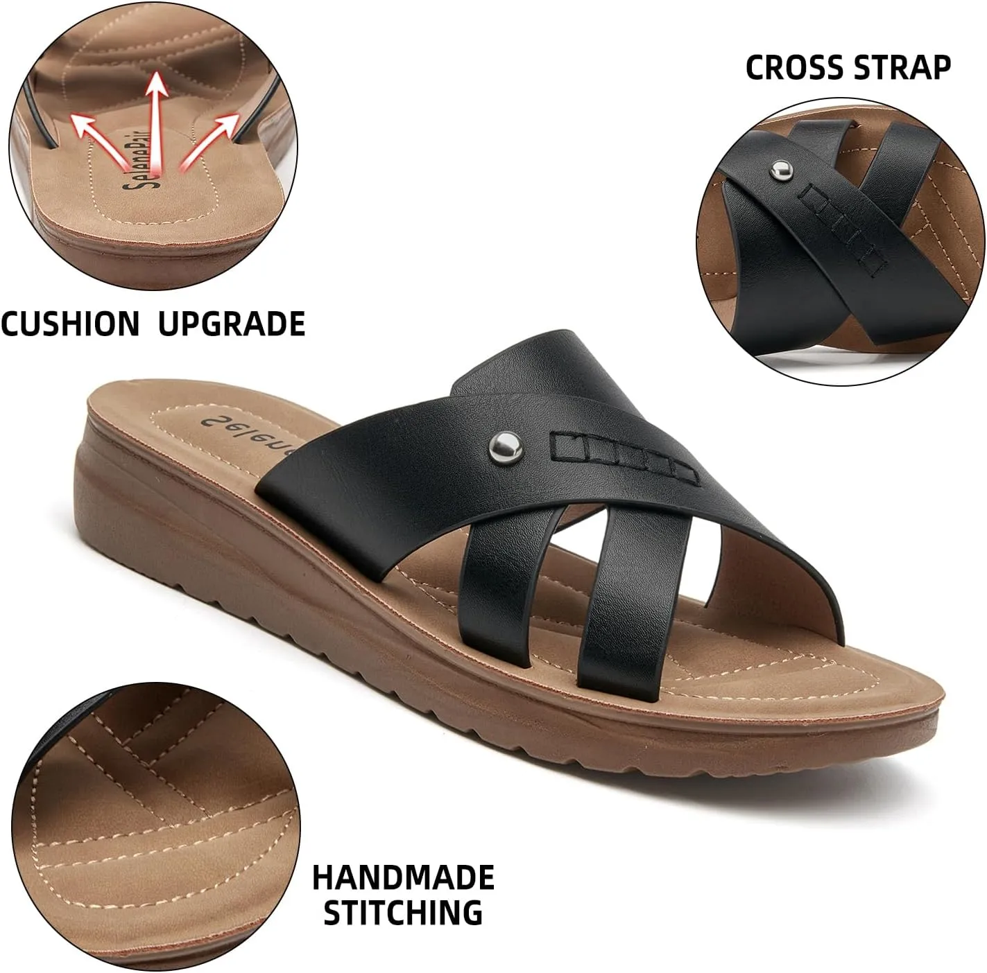 SelenePair Women's Flat Slide Sandals Slip On Low Wedge Platform Sandals Lightweight Summer Beach Straps Comfort Open Toe Walking Dressy Slides