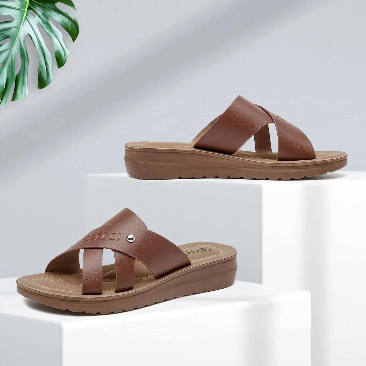 SelenePair Women's Flat Slide Sandals Slip On Low Wedge Platform Sandals Lightweight Summer Beach Straps Comfort Open Toe Walking Dressy Slides