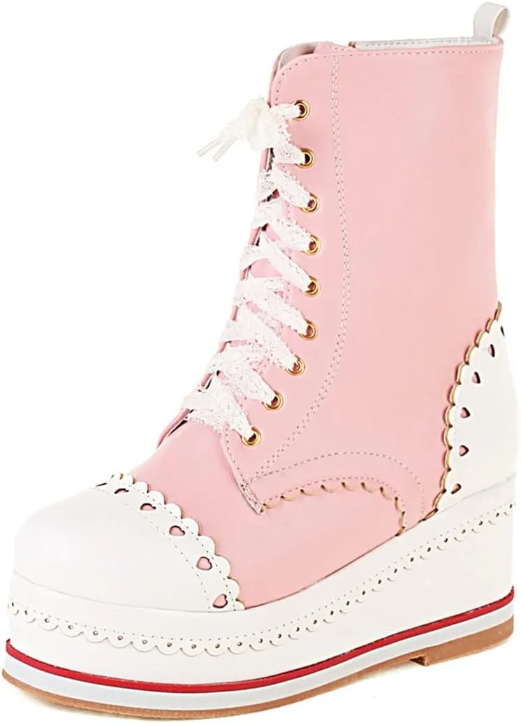 SHEMEE Women's Sweet Cute Platform Hidden Wedge Ankle Boots Lace Up High Heels Round Toe Booties Side Zip Kawaii Shoes