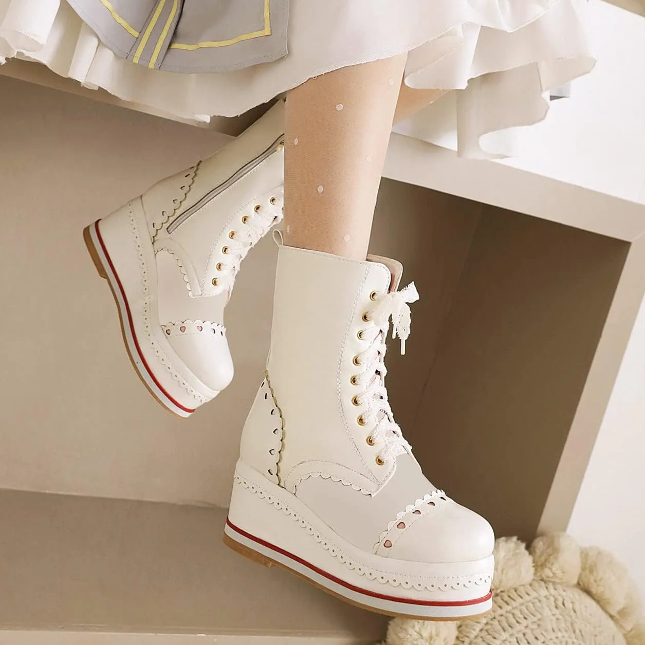 SHEMEE Women's Sweet Cute Platform Hidden Wedge Ankle Boots Lace Up High Heels Round Toe Booties Side Zip Kawaii Shoes