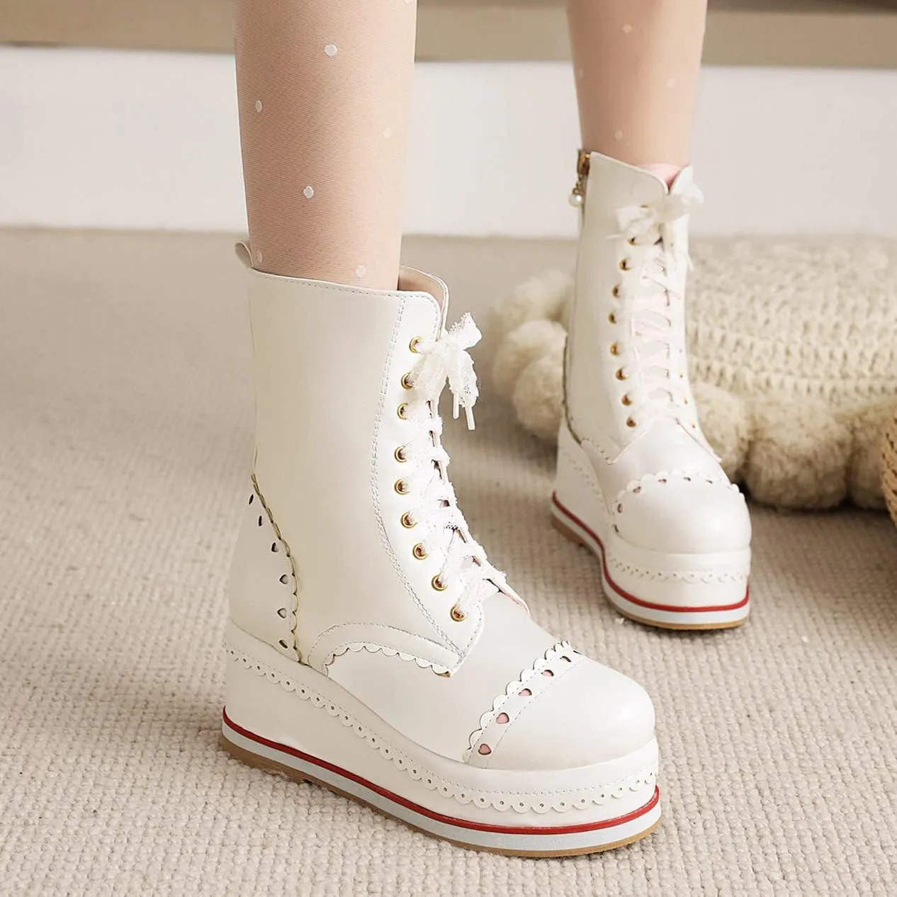 SHEMEE Women's Sweet Cute Platform Hidden Wedge Ankle Boots Lace Up High Heels Round Toe Booties Side Zip Kawaii Shoes