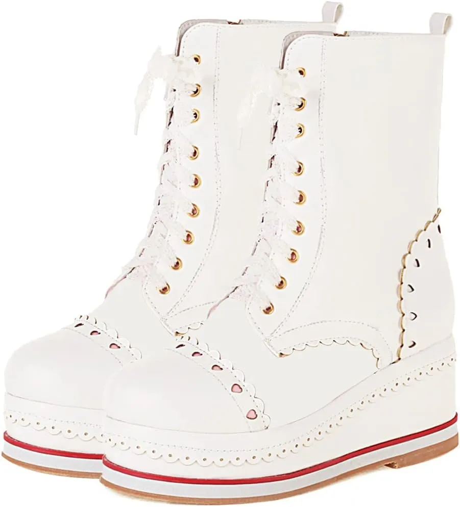 SHEMEE Women's Sweet Cute Platform Hidden Wedge Ankle Boots Lace Up High Heels Round Toe Booties Side Zip Kawaii Shoes