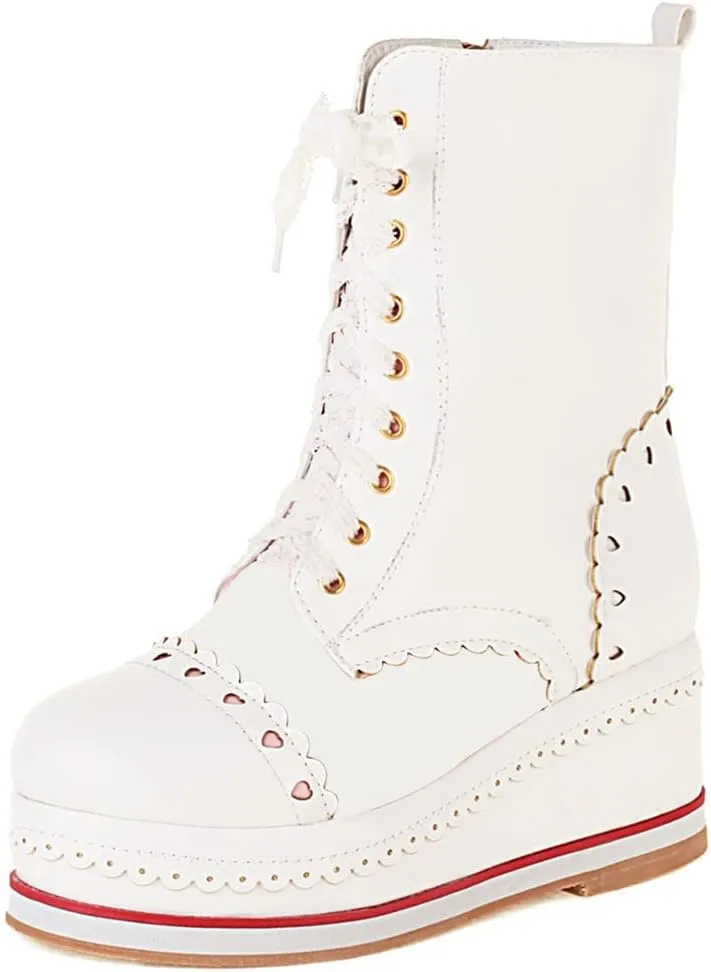 SHEMEE Women's Sweet Cute Platform Hidden Wedge Ankle Boots Lace Up High Heels Round Toe Booties Side Zip Kawaii Shoes
