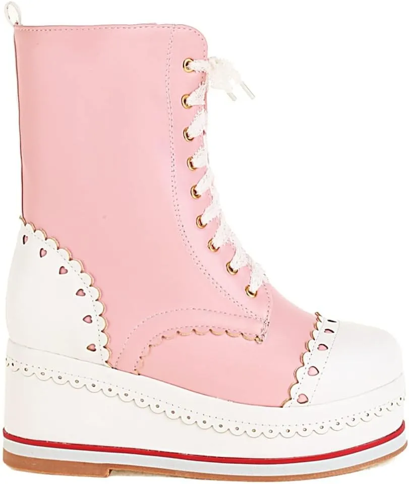 SHEMEE Women's Sweet Cute Platform Hidden Wedge Ankle Boots Lace Up High Heels Round Toe Booties Side Zip Kawaii Shoes