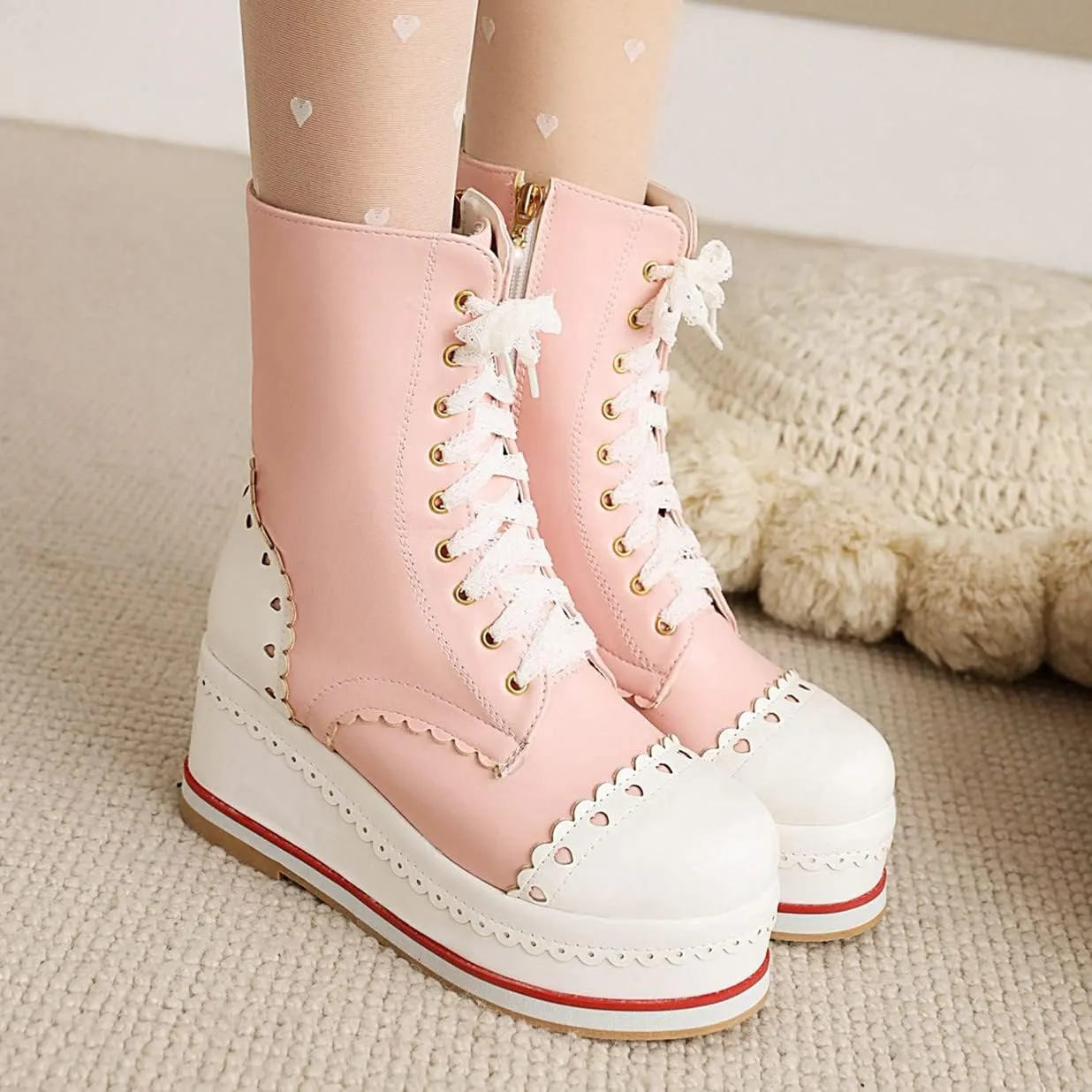 SHEMEE Women's Sweet Cute Platform Hidden Wedge Ankle Boots Lace Up High Heels Round Toe Booties Side Zip Kawaii Shoes