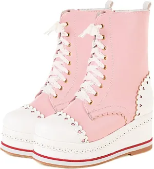 SHEMEE Women's Sweet Cute Platform Hidden Wedge Ankle Boots Lace Up High Heels Round Toe Booties Side Zip Kawaii Shoes